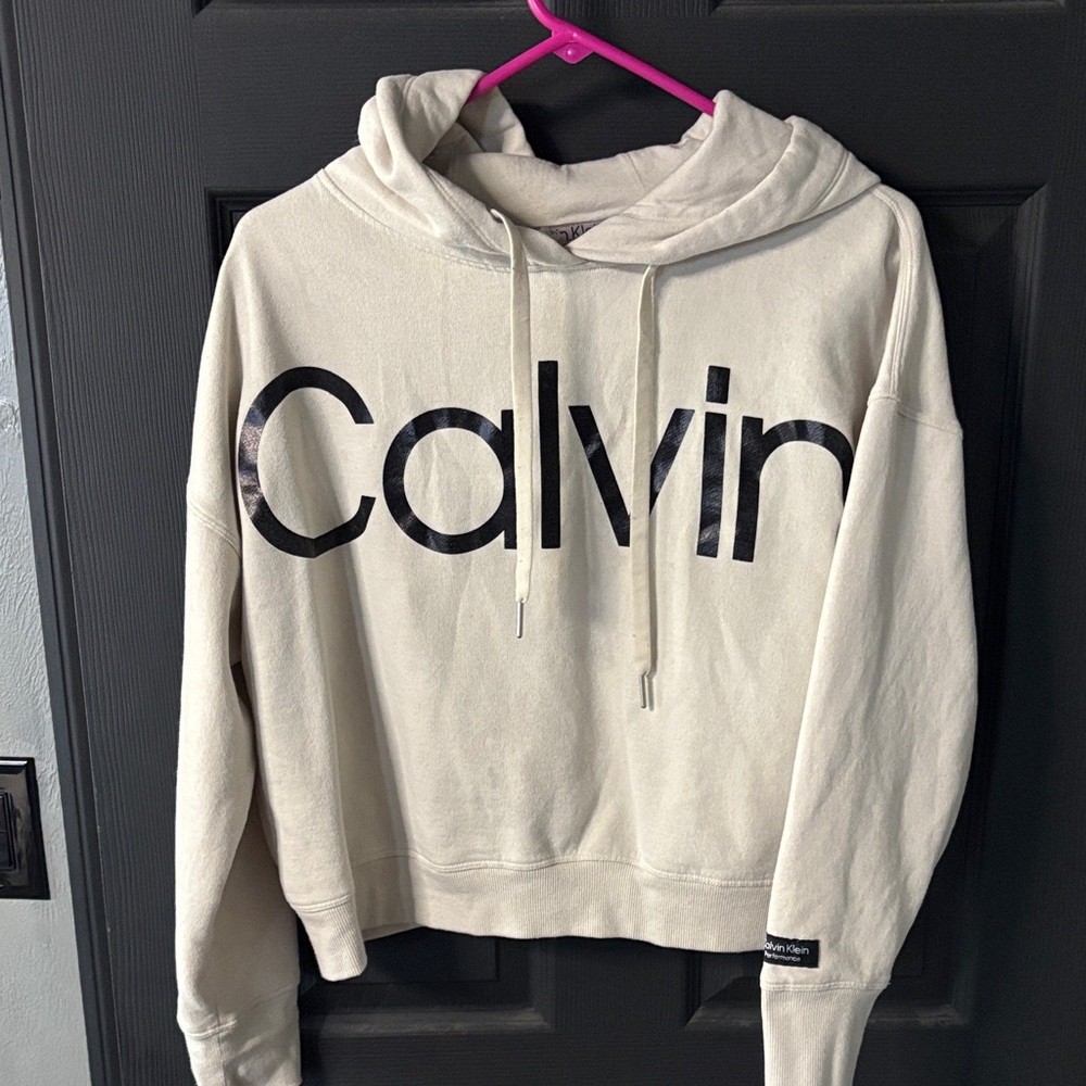 Calvin Klein Off-White Logo Oversized Slight Crop Hoodie Sweatshirt